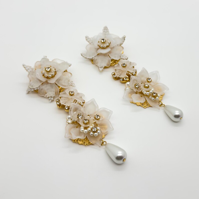 Elegant Long Clip Earrings – Floral Accents for Bridal and Party Looks