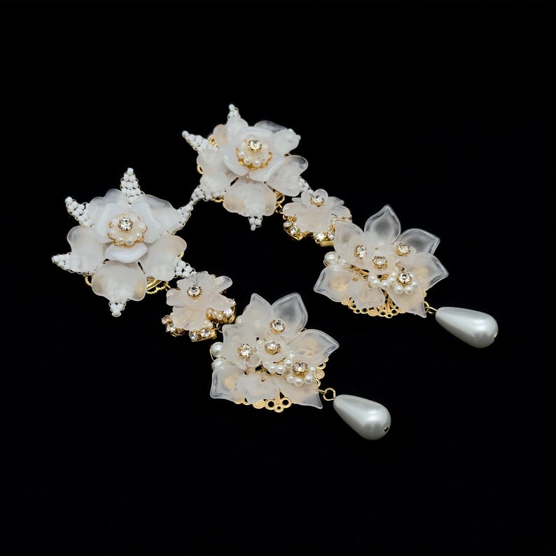 Elegant Long Clip Earrings – Floral Accents for Bridal and Party Looks