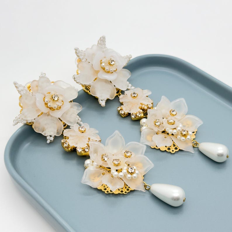 Elegant Long Clip Earrings – Floral Accents for Bridal and Party Looks