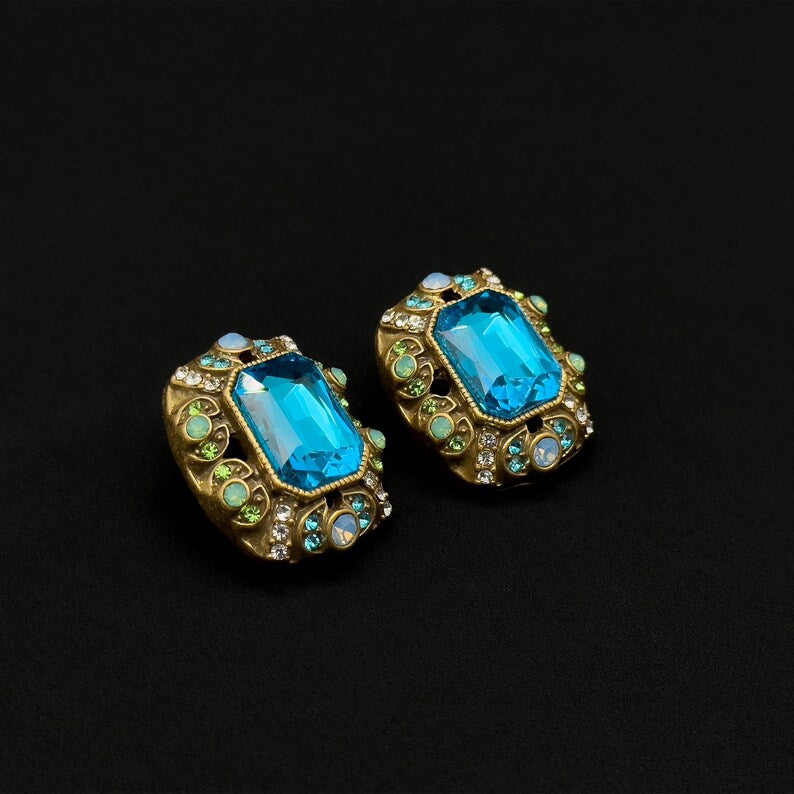 Square Blue Zircon Earrings – Court Style with Ethnic and Boho Charm