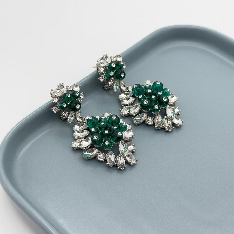 Court Style Earrings – French Design with Emerald and Purple Stones for Chic Elegance