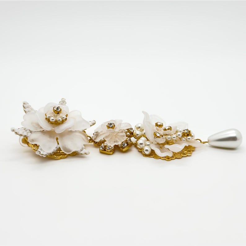 Elegant Long Clip Earrings – Floral Accents for Bridal and Party Looks