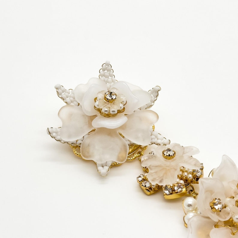 Elegant Long Clip Earrings – Floral Accents for Bridal and Party Looks