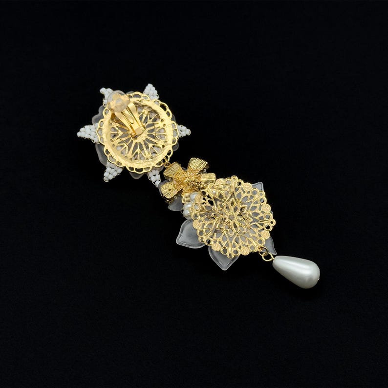Elegant Long Clip Earrings – Floral Accents for Bridal and Party Looks