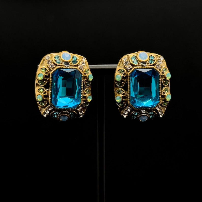 Square Blue Zircon Earrings – Court Style with Ethnic and Boho Charm
