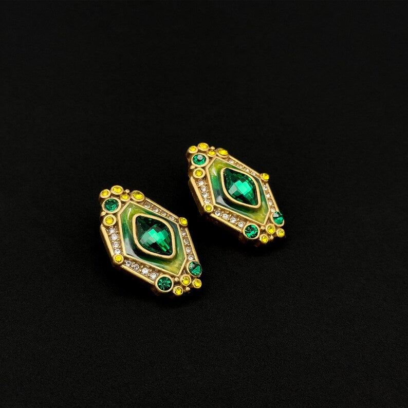 Green Zircon Cameo Earrings – Court Style Ethnic Boho Jewelry for Elegant and Artistic Looks