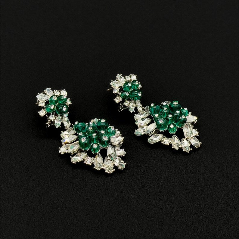 Court Style Earrings – French Design with Emerald and Purple Stones for Chic Elegance