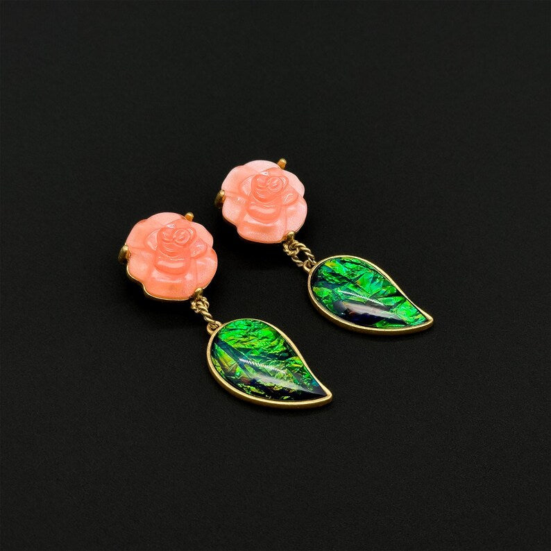 Romantic Rose & Leaf Earrings with Agate Accents, Vintage Deco & Art Deco Styles for Effortless French Summer Charm
