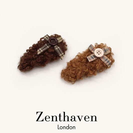 Retro Plush Bow Hair Clips – Curly Fabric BB Clips for Side Bangs