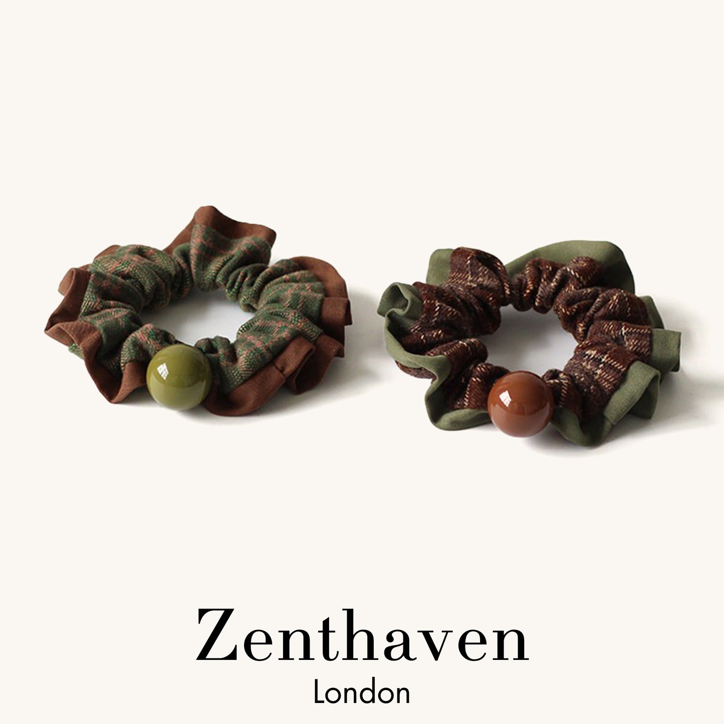 Vintage Plaid Beaded Scrunchies – French-Inspired Hair Ties, 2-Piece Set