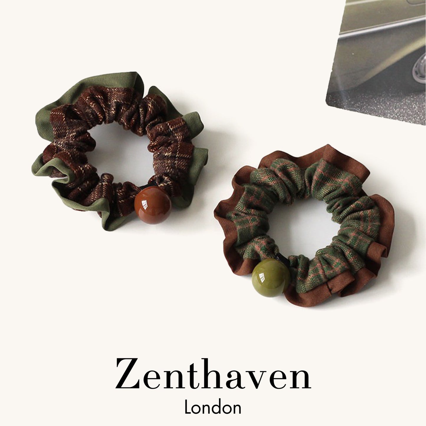 Vintage Plaid Beaded Scrunchies – French-Inspired Hair Ties, 2-Piece Set