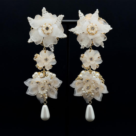 Elegant Long Clip Earrings – Floral Accents for Bridal and Party Looks