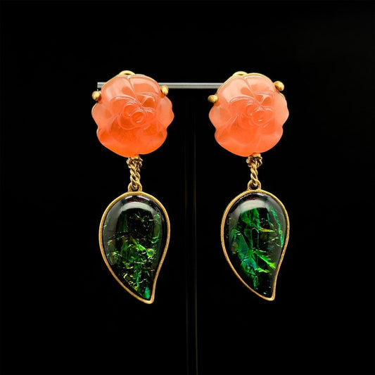 Romantic Rose & Leaf Earrings with Agate Accents, Vintage Deco & Art Deco Styles for Effortless French Summer Charm
